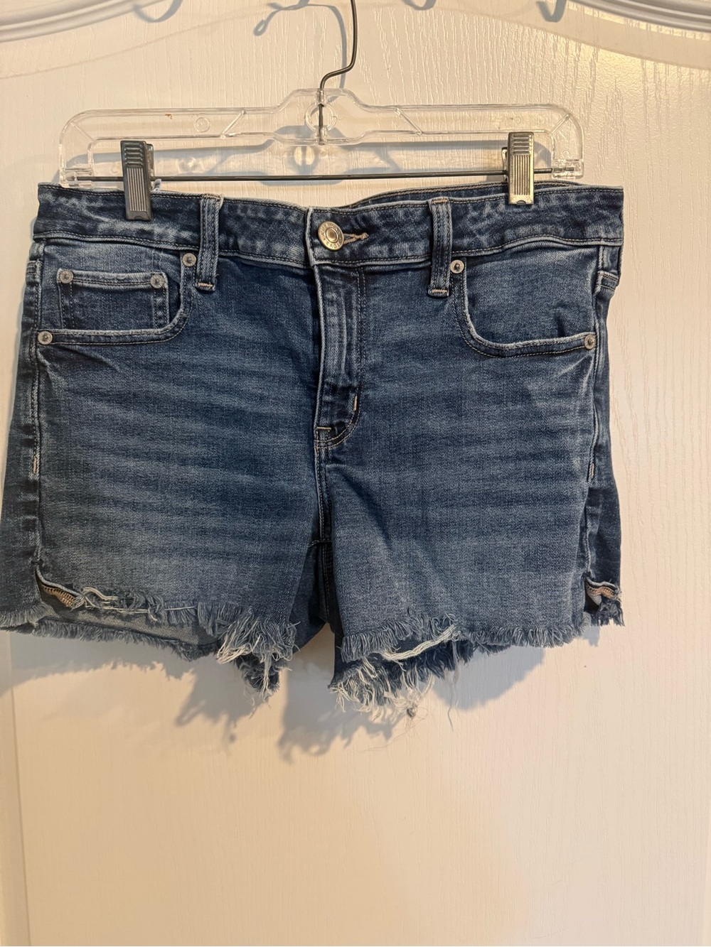 American Eagle dark wash denim distressed cutoff blue jean midi shorts sz 10